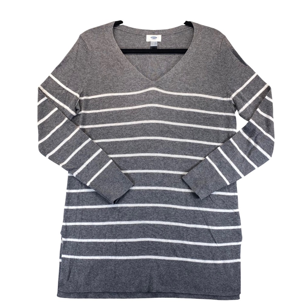 Old Navy Womens Gray‎ White Striped V Neck Long Sleeve Sweater Tunic Size M